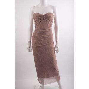 Zara Womans Midi Dress Size XL Tan Blue Polka Dot Side Ruching 4661/339 NWT